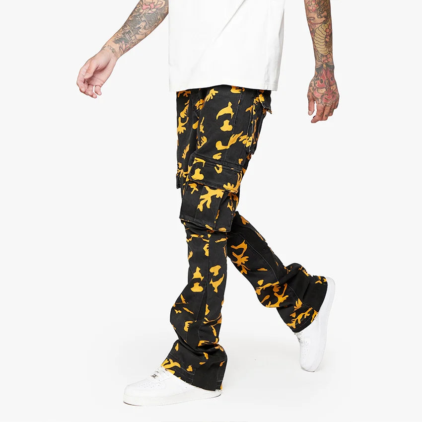 Black multi-pocket stacked jeans have eye-catching yellow print all-over printed skinny Cargo Pants Jeans