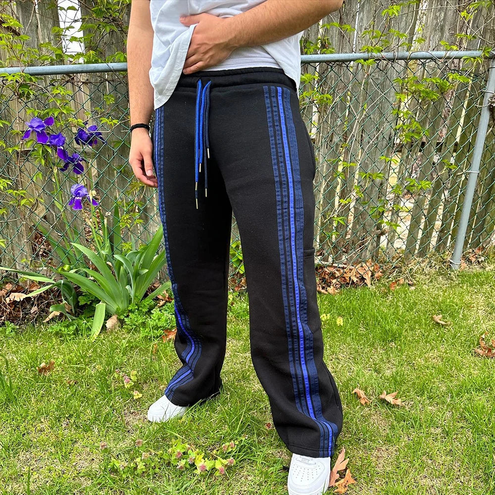 Heavyweight Cotton Straight Leg Pants Trousers Men Custom Striped Trimmed Side Drawstring Waist Sweatpants