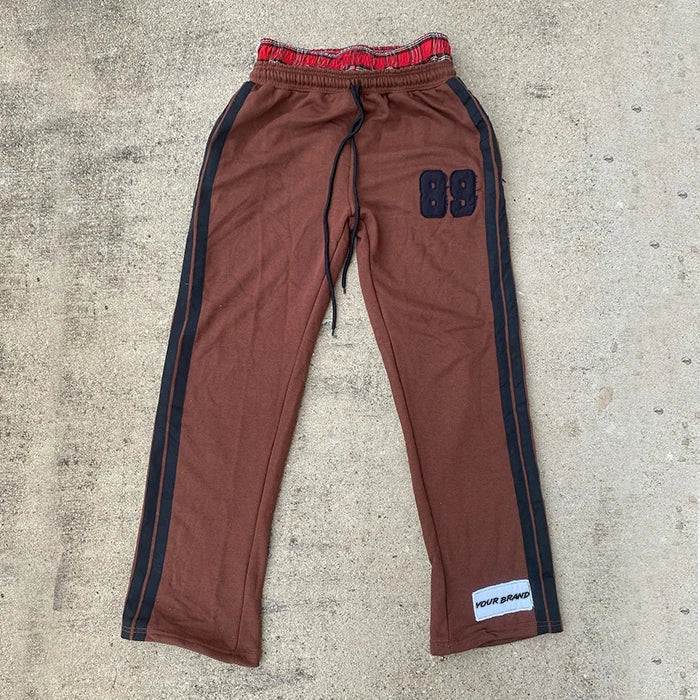 Oem Vintage Washed Stripe Sweat Pants Custom 100% Cotton Sun Faded Men Embroidery Logo Patched Double Waist Flare Sweatpants