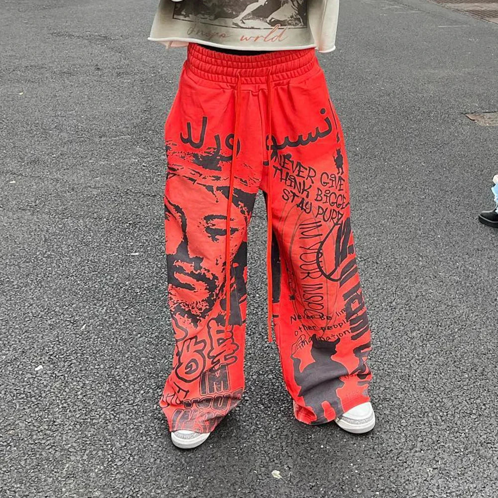 Custom Screen Printing Graphic Heavyweight Cotton Pants Men Vintage Washed Wide Leg Baggy Sweatpants