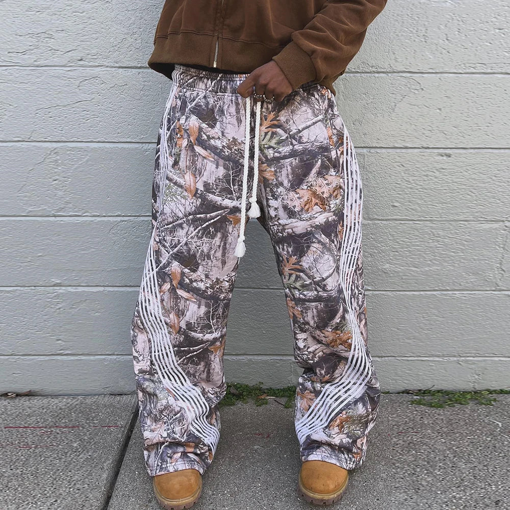 Hot Selling Heavyweight Thick Cotton Wide Leg Track Pants Men Custom Allover Printed Striped Trimmed Camo Sweatpants