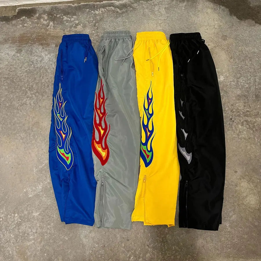 Basic Nylon Track Pants Men Custom Logo Graphic Print Zip Bottom Wide Leg Track Pants