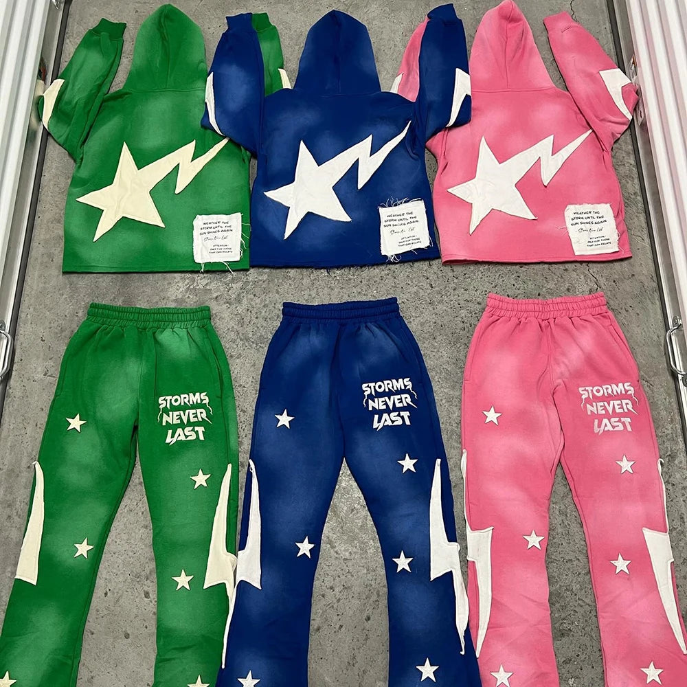 Streetwear Two Piece Sets Tracksuits Custom Embroidery Logo Patched Men Vintage Washed Hoodie And Sweatpants Sets
