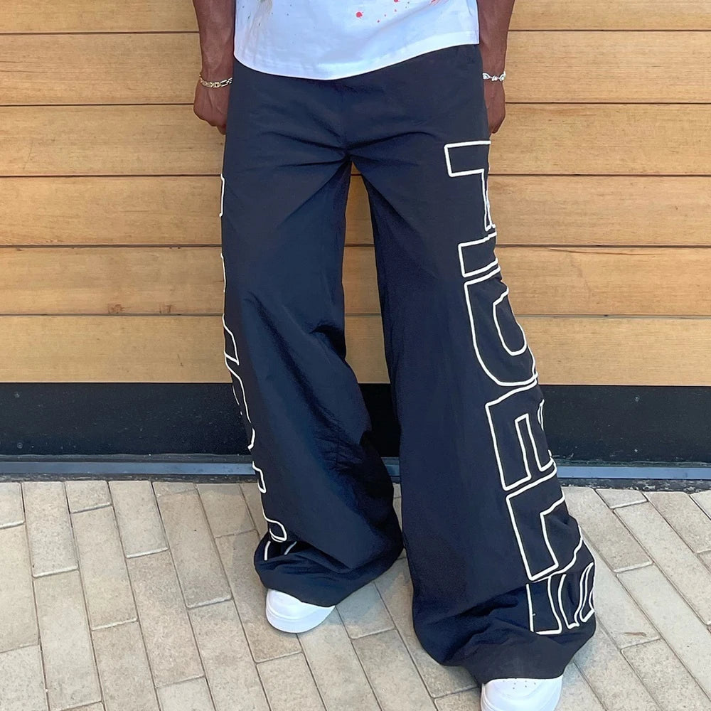 Screen Printing Logo Sportswear Windbreaker Pants Custom Elastic Waist Men Wide Leg Baggy Nylon Track Pants