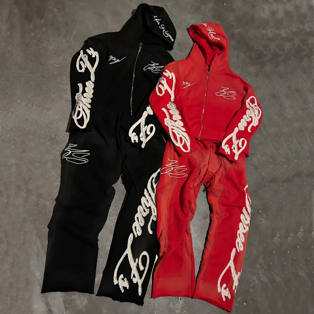 Heavyweight Vintage Washed Streetwear Sweatsuits Custom Logo Embroidery Patched Men Two Piece Hoodie Sweatpants Sets