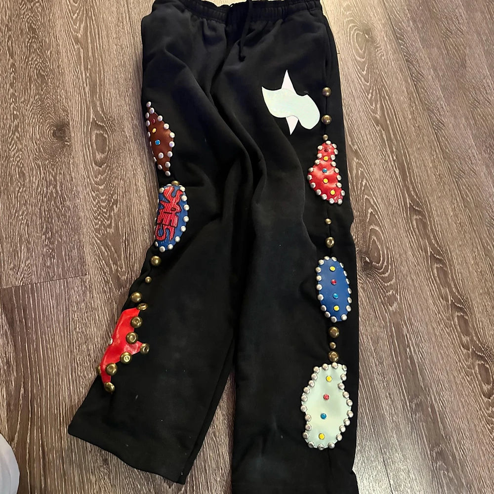Thick Cotton Vintage Washed Sweatpants Men Custom Logo Printing Rhinestone Straight Leg Sweatpants