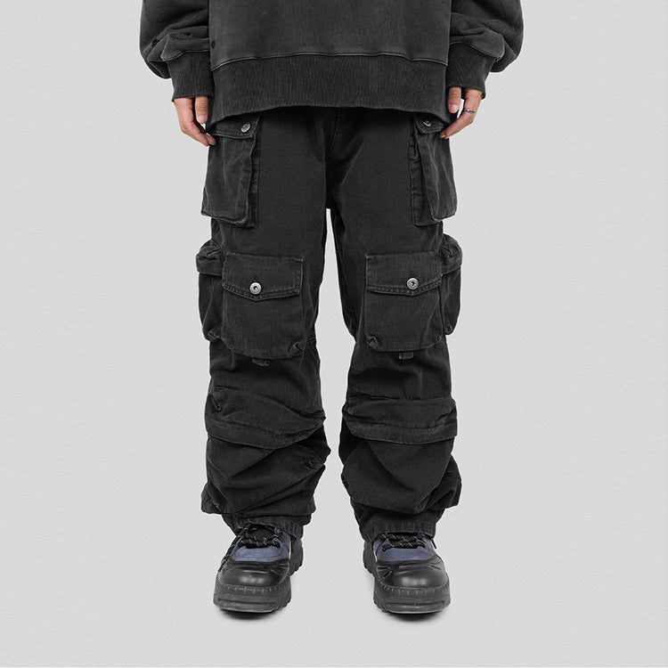 vintage black wash straight leg pants mens custom utility multi-pocket baggy cargo pants