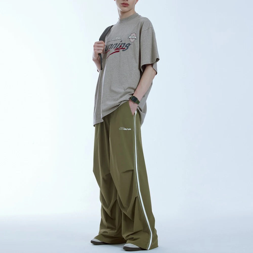 Double Knee Wide Leg Cargo Track Pants Men Contrast Stitching Oversized Fit Baggy Parachute Pants