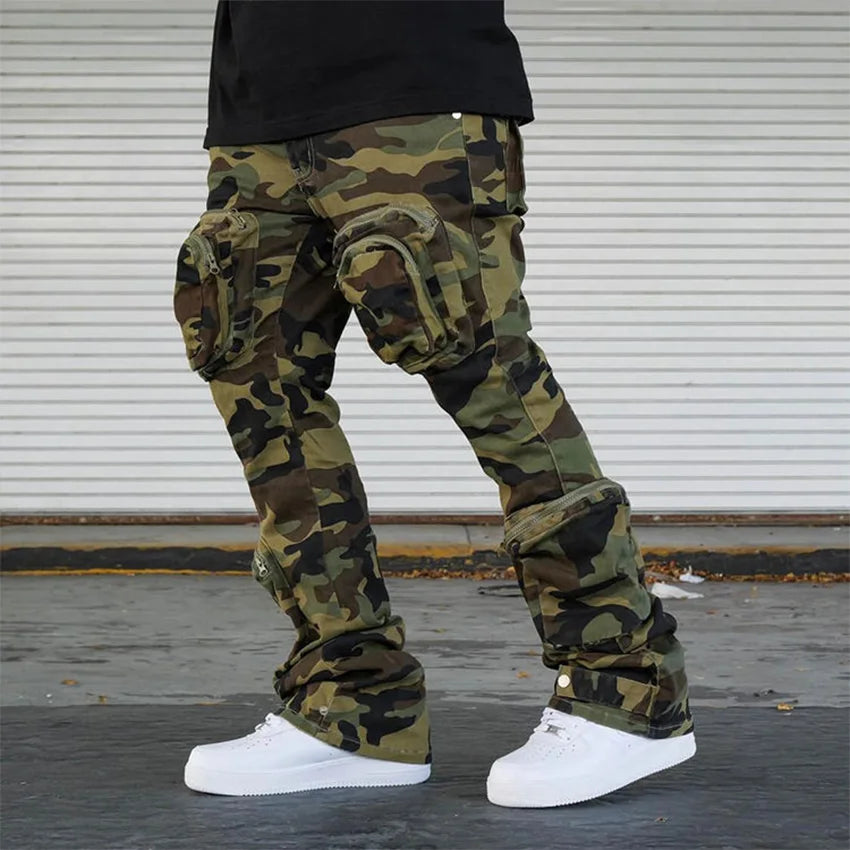 Clothing Manufacturer Jeans Men High Quality Multi- Functional Cargo Jeans Camo Pants Baggy Flare Stack Pockets Jeans