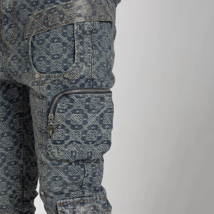 High Quality Men's Pants Straight Leg Slim Fit Stacked Jeans Factory Custom Multi Pockets Laser Printed Denim Cargo Pant Men
