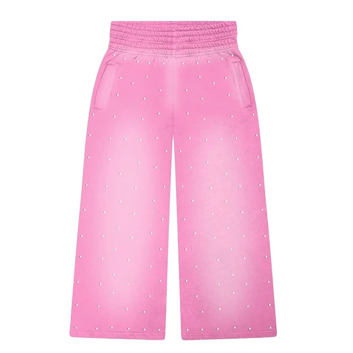 New Custom Vintage Washed Sun Faded Sweatpants Men Oversized Thick Cotton Rhinestone Straight Wige Leg Sweatpants