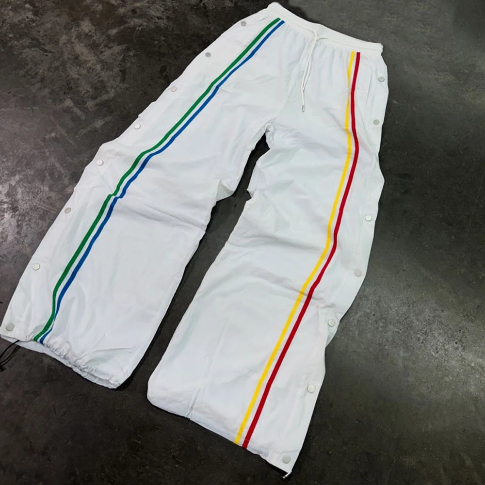 Elastic Waist Unisex Nylon Pants Custom Striped Men Snap Button Side Wide Leg Track Pants
