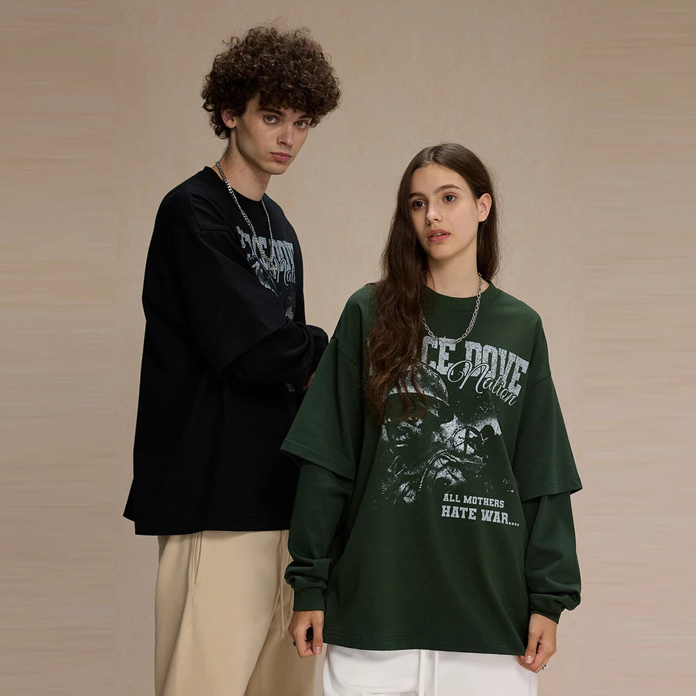 New Trend Unisex Loose Fit Thick Cotton Tshirts Custom Graphic Print Men 305Gsm Heavyweight Double Layer Long Sleeve T Shirt