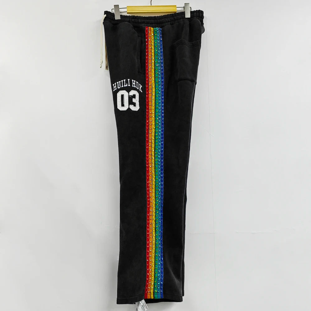 Oem Vintage Washed Thick Cotton Track Jogger Pants Men Custom Logo Embroidery Patched Wide Leg Side Rhinestone Sweatpants