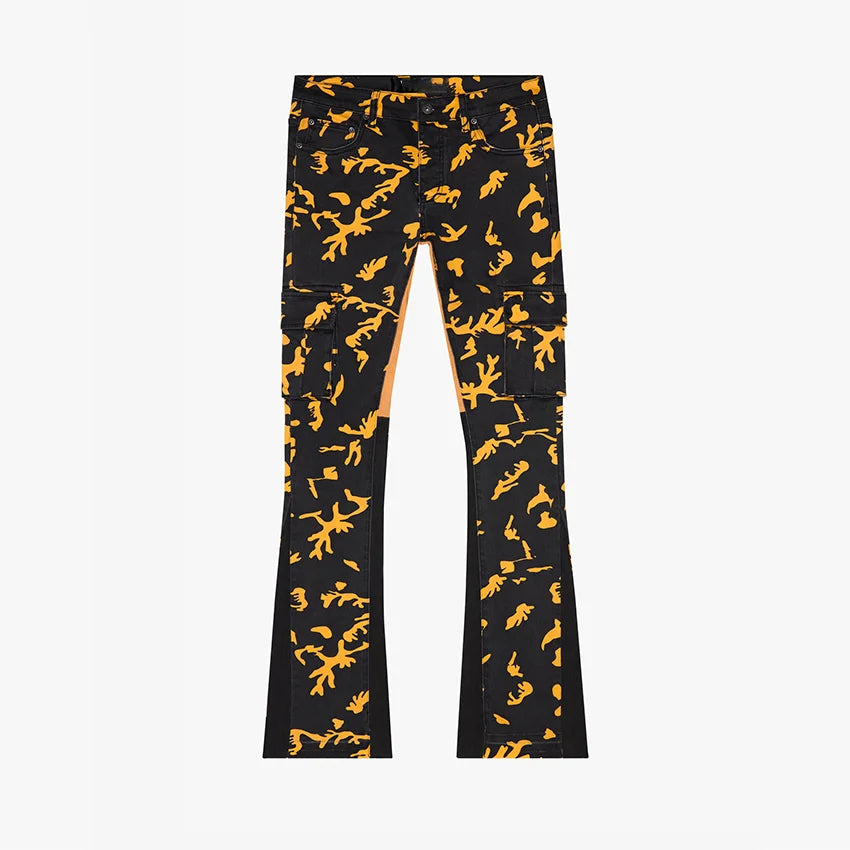 Black multi-pocket stacked jeans have eye-catching yellow print all-over printed skinny Cargo Pants Jeans