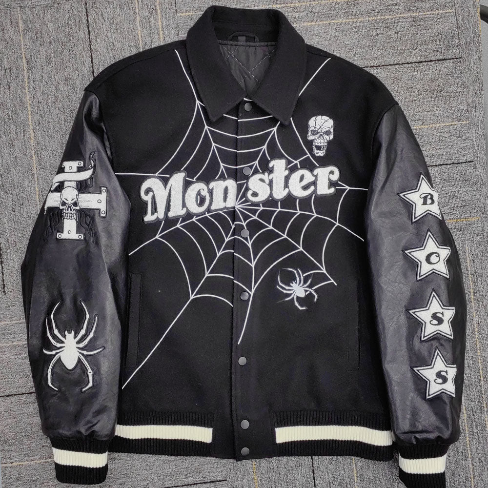 factory wholesale custom logo chenille embroidery letterman varsity jacket with leather sleeves
