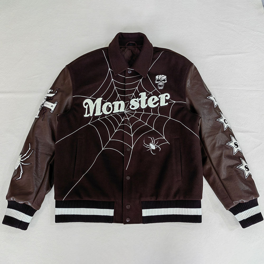 factory wholesale custom logo chenille embroidery letterman varsity jacket with leather sleeves