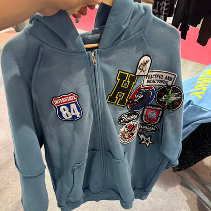 Vintage Patch Zip Up Hoodie - Distressed Racing Varsity Streetwear