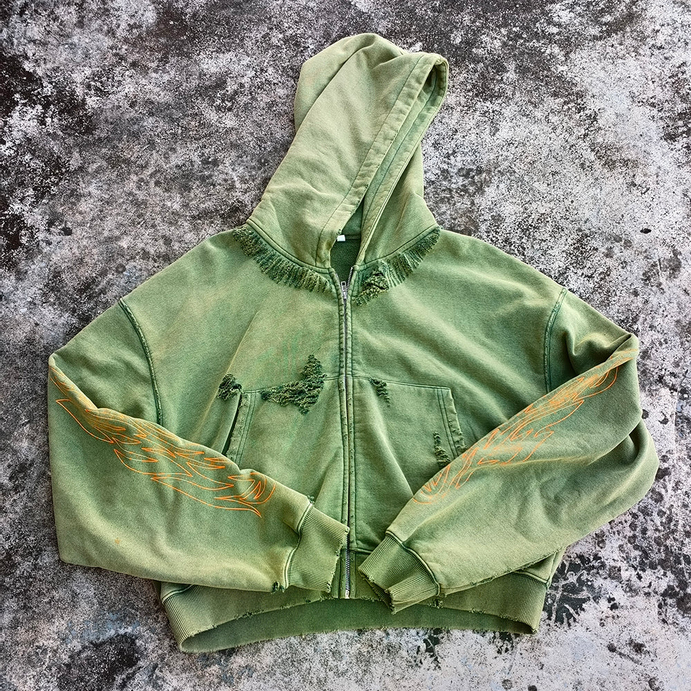 Distressed Zip Up Hoodie - Flame Print Grunge Vintage Streetwear