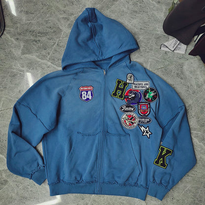 Vintage Patch Zip Up Hoodie - Distressed Racing Varsity Streetwear