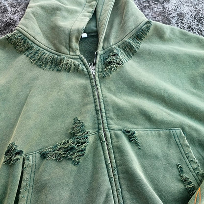 Distressed Zip Up Hoodie - Flame Print Grunge Vintage Streetwear