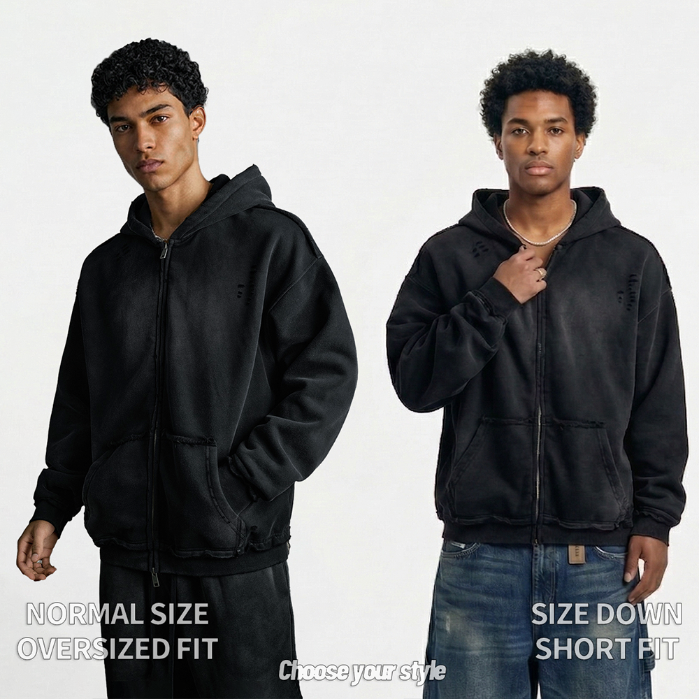 Vintage Washed Zip Up Hoodie Heavyweight 400G Oversized Faded Hoodie Y2K Streetwear Full Zip Jacket