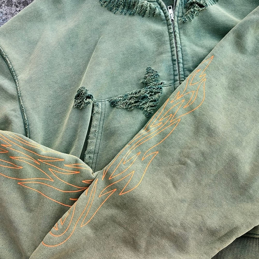 Distressed Zip Up Hoodie - Flame Print Grunge Vintage Streetwear