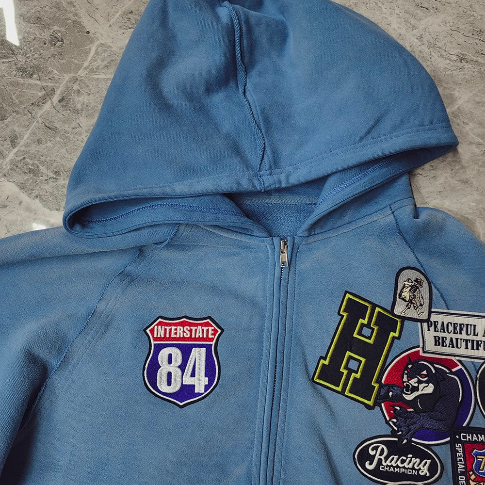 Vintage Patch Zip Up Hoodie - Distressed Racing Varsity Streetwear