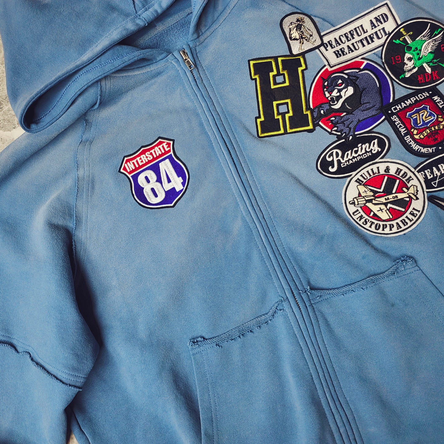 Vintage Patch Zip Up Hoodie - Distressed Racing Varsity Streetwear