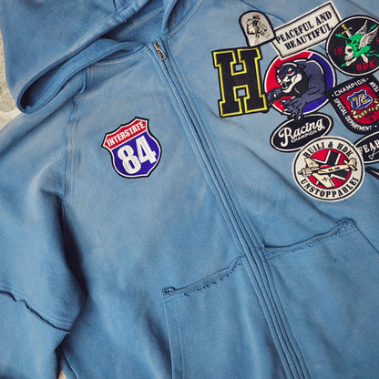 Vintage Patch Zip Up Hoodie - Distressed Racing Varsity Streetwear