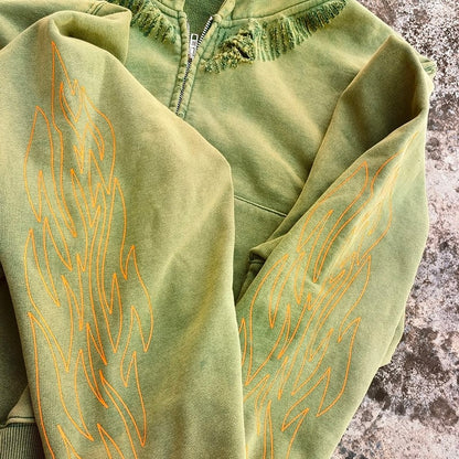 Distressed Zip Up Hoodie - Flame Print Grunge Vintage Streetwear