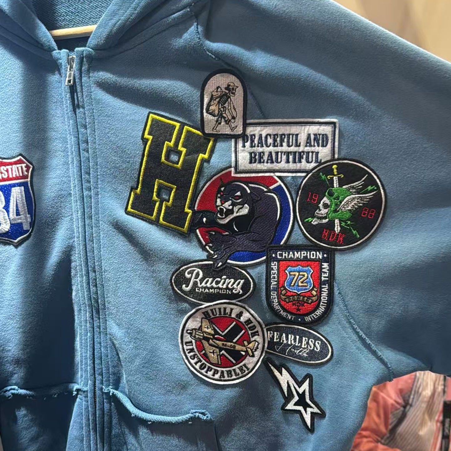 Vintage Patch Zip Up Hoodie - Distressed Racing Varsity Streetwear