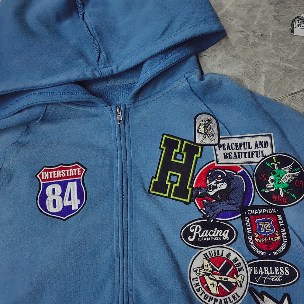 Vintage Patch Zip Up Hoodie - Distressed Racing Varsity Streetwear