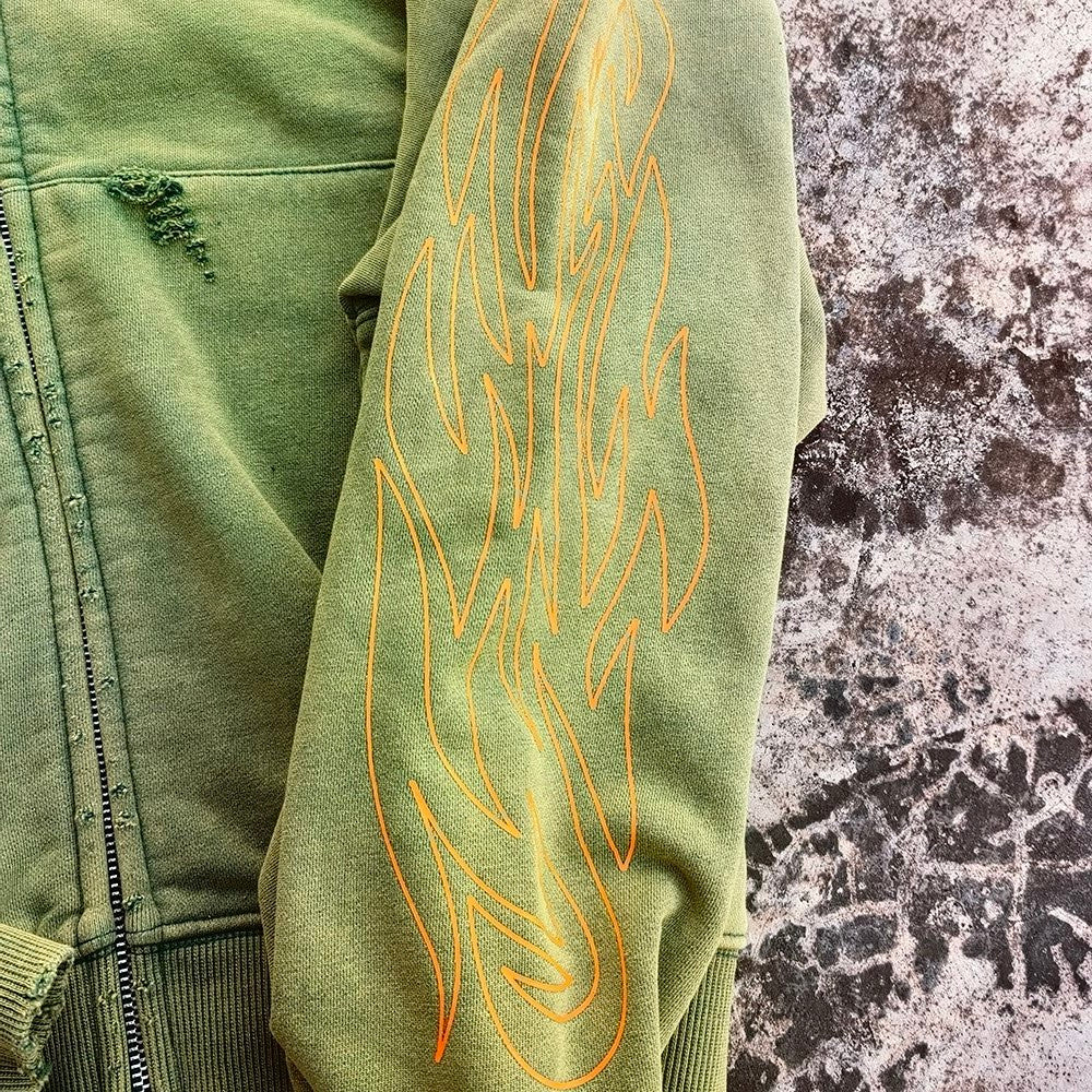 Distressed Zip Up Hoodie - Flame Print Grunge Vintage Streetwear