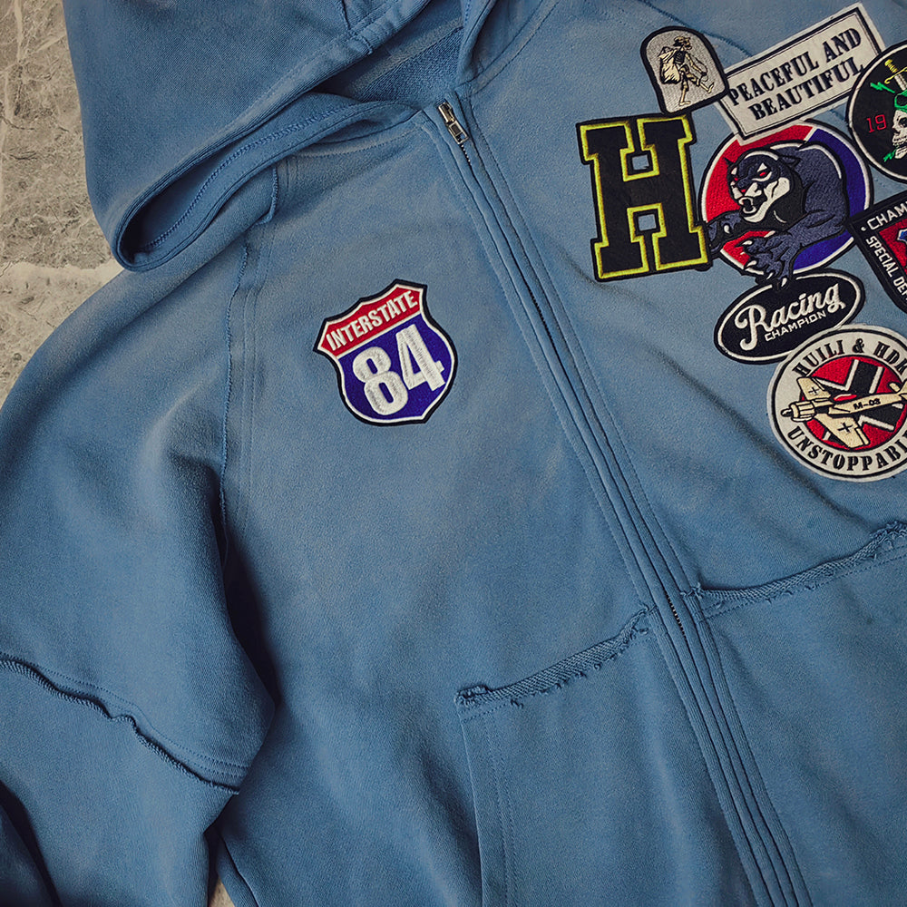 Vintage Patch Zip Up Hoodie - Distressed Racing Varsity Streetwear