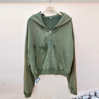 Distressed Zip Up Hoodie - Flame Print Grunge Vintage Streetwear
