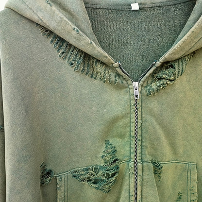 Distressed Zip Up Hoodie - Flame Print Grunge Vintage Streetwear