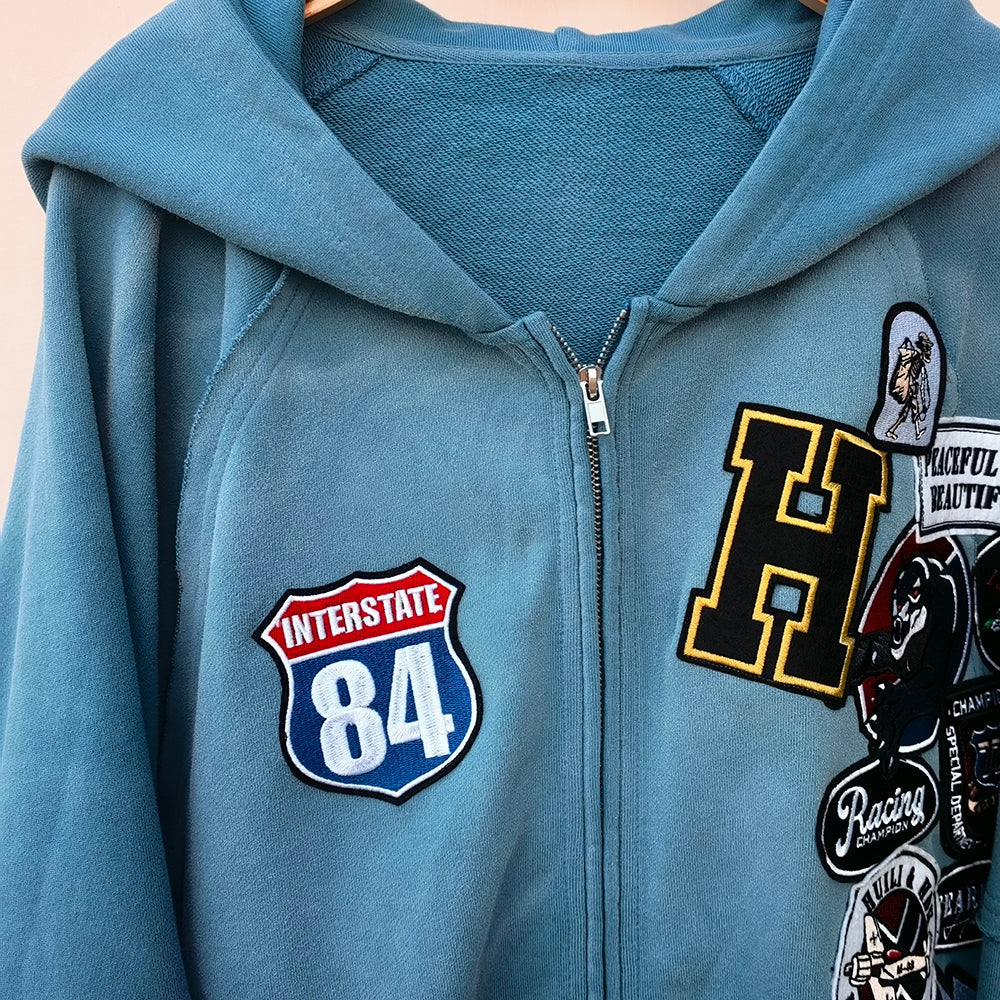 Vintage Patch Zip Up Hoodie - Distressed Racing Varsity Streetwear