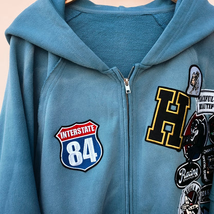 Vintage Patch Zip Up Hoodie - Distressed Racing Varsity Streetwear