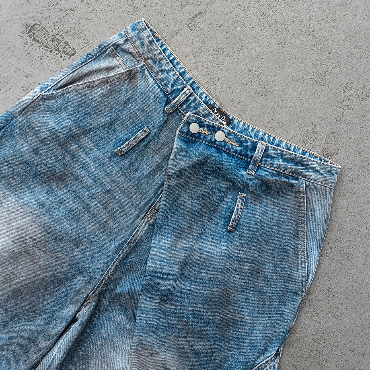 Curved Wide Leg Jeans - Light Blue Acid Wash Asymmetric Wrap Front Arc Panel Y2K Streetwear