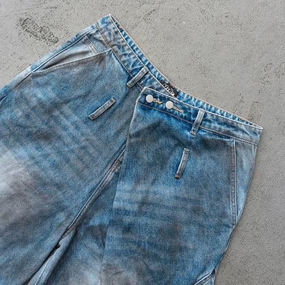 Curved Wide Leg Jeans - Light Blue Acid Wash Asymmetric Wrap Front Arc Panel Y2K Streetwear