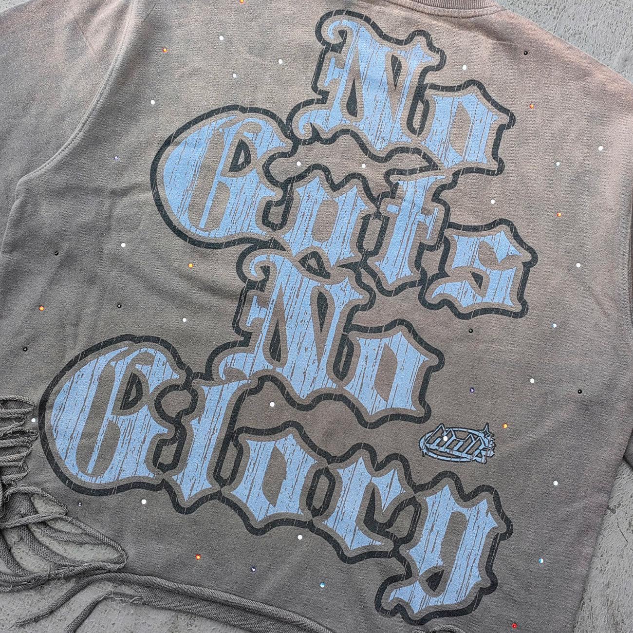 Glory Rhinestone Graphic Tee - Gray Brown Vintage Wash Pin Up Skull Print Studded Ripped Y2K Streetwear
