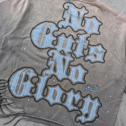 Glory Rhinestone Graphic Tee - Gray Brown Vintage Wash Pin Up Skull Print Studded Ripped Y2K Streetwear