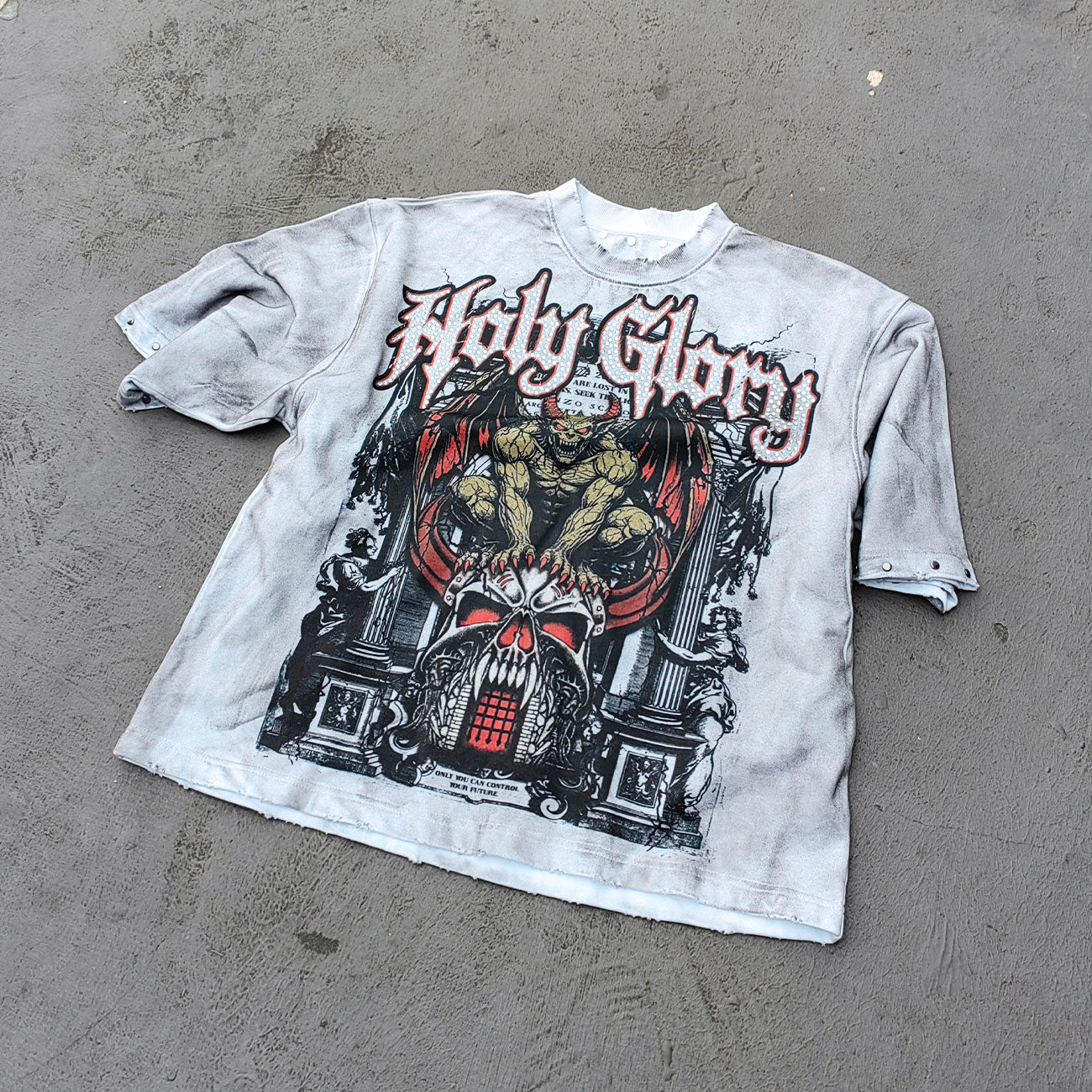Holy Glory Rhinestone Graphic Tee - White Acid Wash Demon Skull Print Studded Ripped Y2K Streetwear