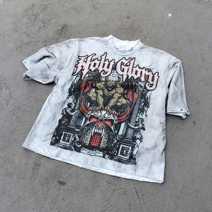 Holy Glory Rhinestone Graphic Tee - White Acid Wash Demon Skull Print Studded Ripped Y2K Streetwear