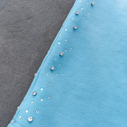 Chain Cross Print Sweatpants - Light Blue Rhinestone Distressed Wide Leg Y2K Streetwear