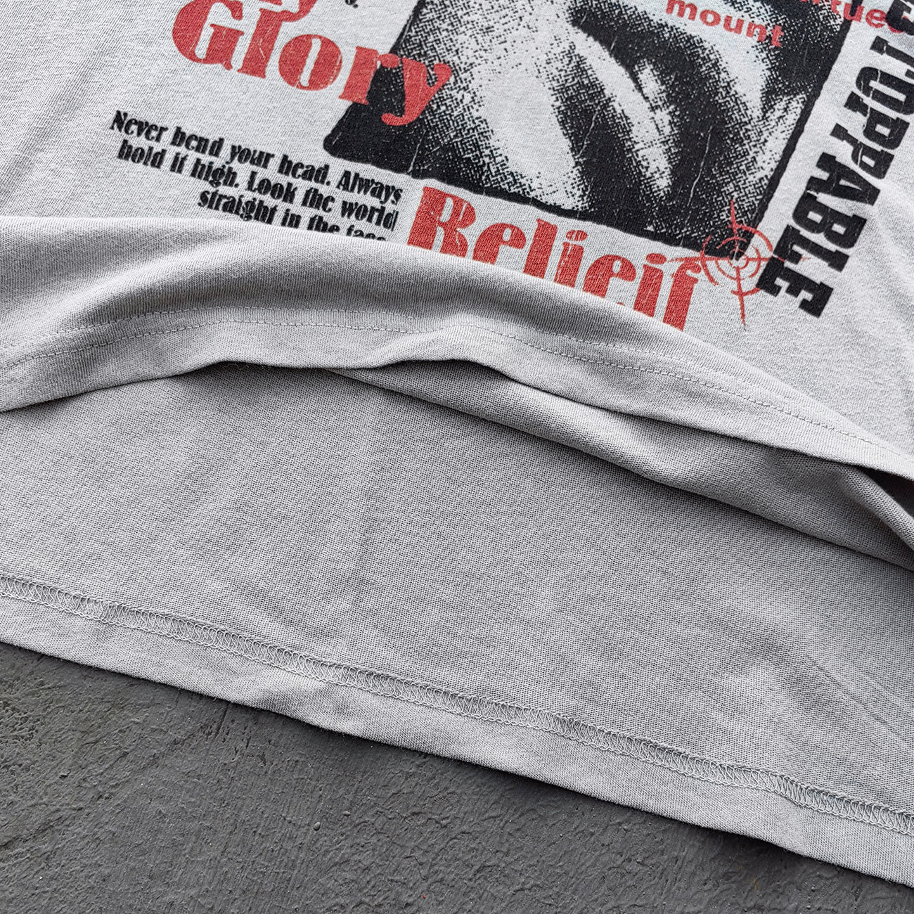 HDK Holy Glory Graphic Tee - Light Gray Dirty Wash Portrait Collage Print Distressed Ripped Y2K Streetwear