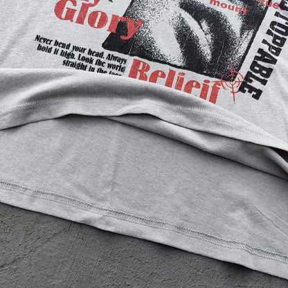 HDK Holy Glory Graphic Tee - Light Gray Dirty Wash Portrait Collage Print Distressed Ripped Y2K Streetwear