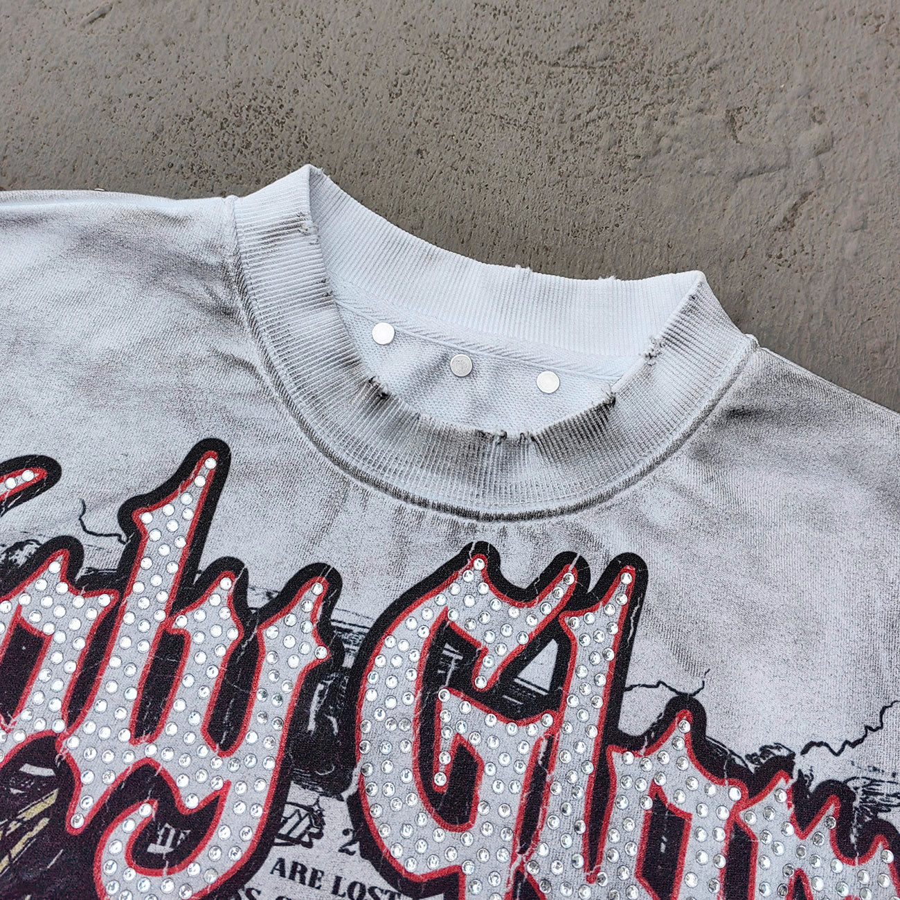 Holy Glory Rhinestone Graphic Tee - White Acid Wash Demon Skull Print Studded Ripped Y2K Streetwear