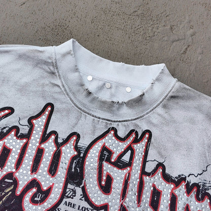 Holy Glory Rhinestone Graphic Tee - White Acid Wash Demon Skull Print Studded Ripped Y2K Streetwear